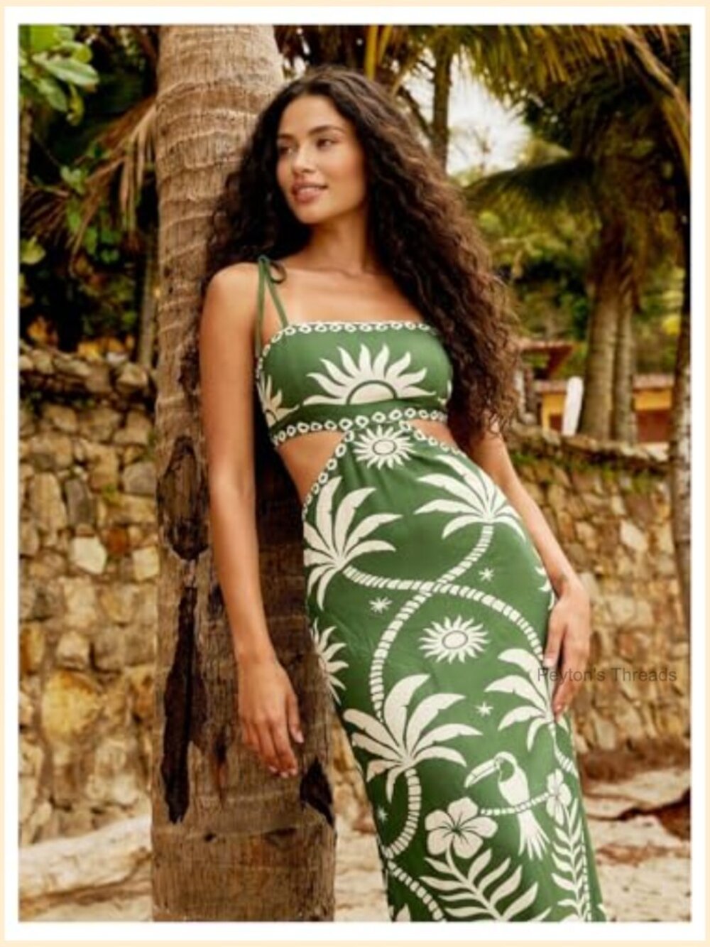 Tropical Cut Out Maxi Dress Spaghetti Strap Backless Back Tie - Picture 3 of 6
